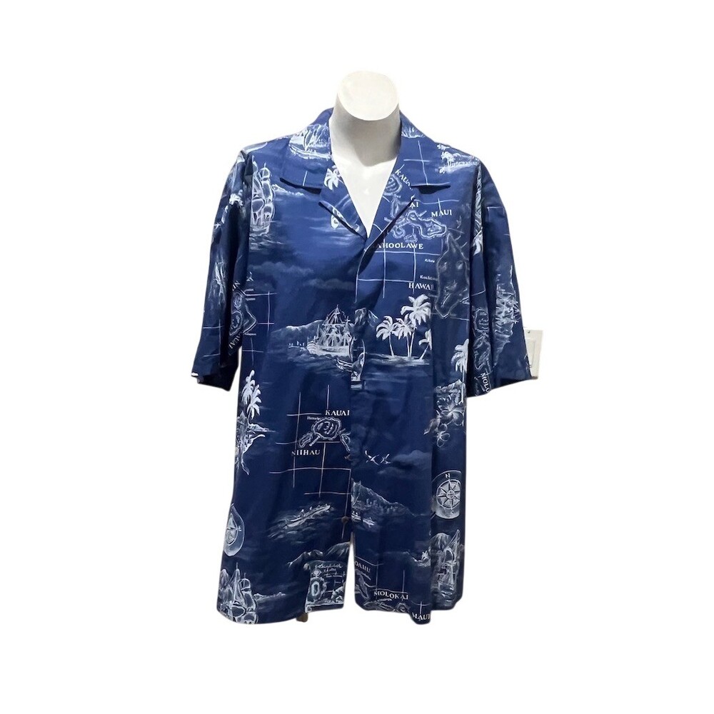 E&K Hawaiian Aloha Camp Shirt Mens L Blue Islands Map Print Button Up